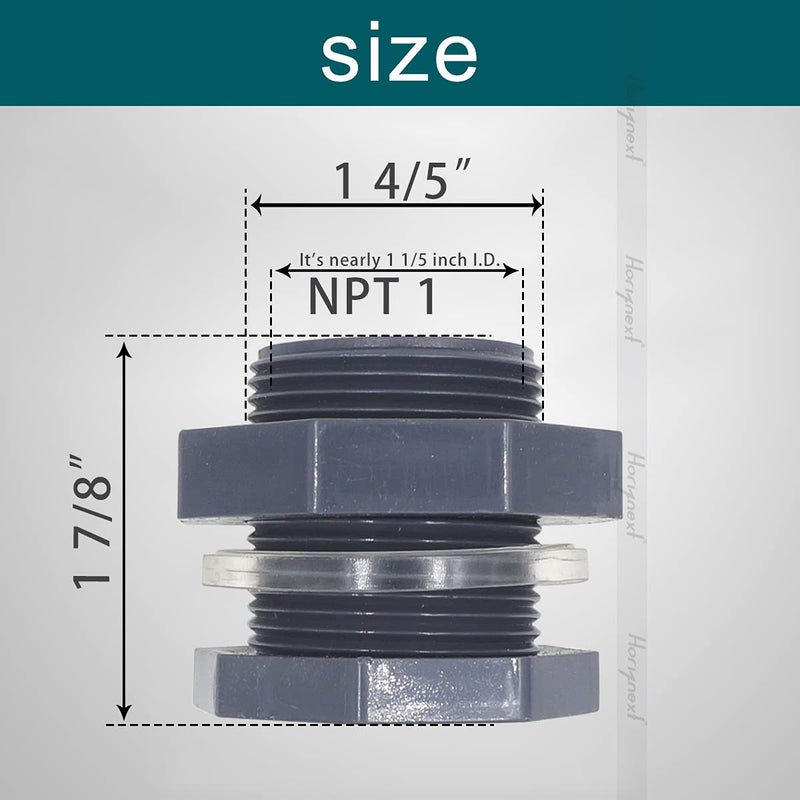 Horiznext NPT 1"" PVC Bulkhead Fitting  Plastic Pipe Connector for rain Barrel Garden Hose Adapter Spigot kit Water Tank Gallon Drain Bucket (pack of 2 pcs) - Image 2